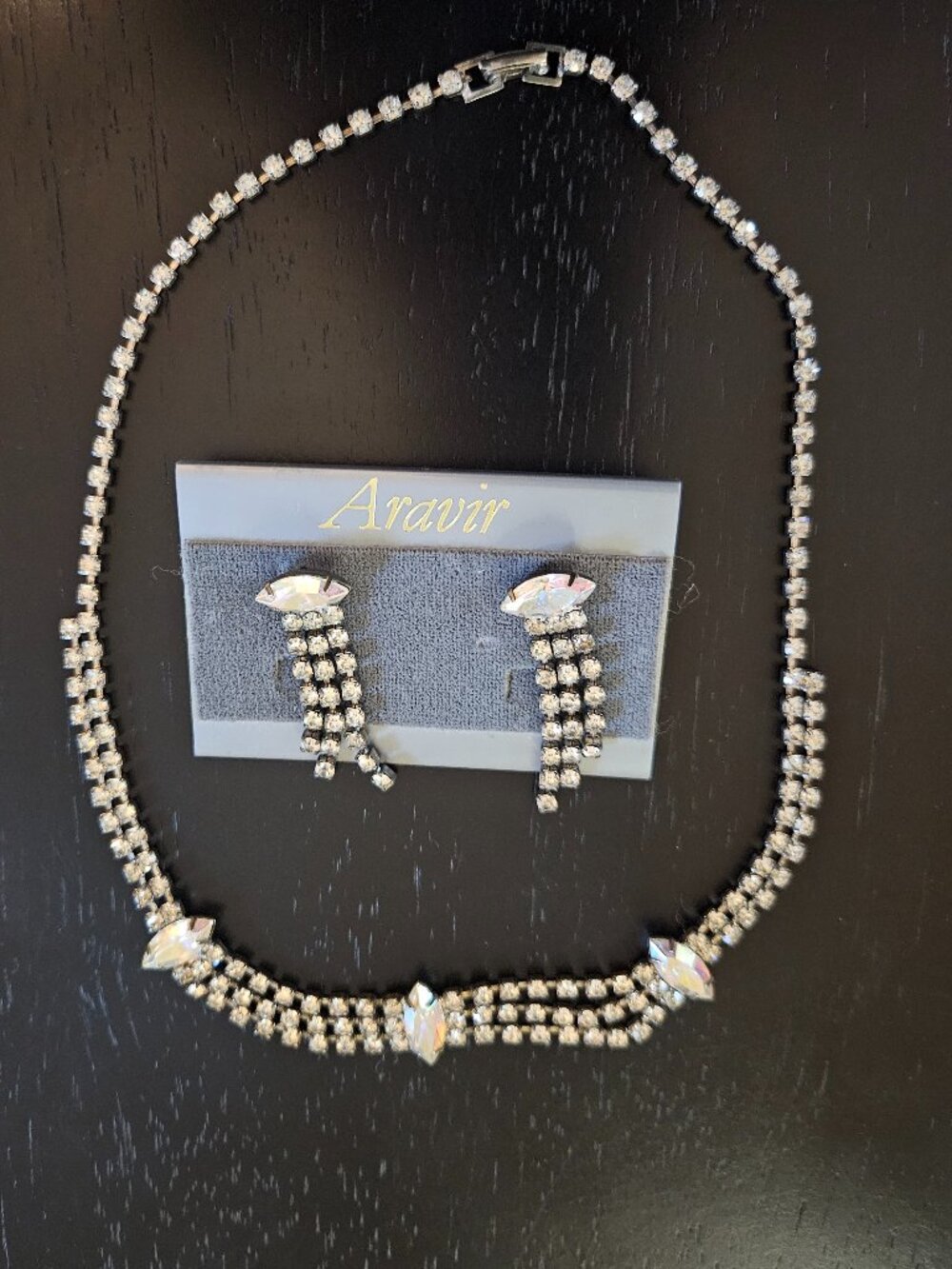 Vintage Rhinestone Necklace & Dangle Earrings Set Aurora Borealis